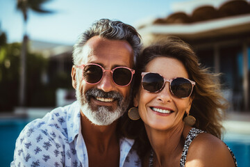 Middle aged happy couple portrait couple on beach vacation weekend together generative AI