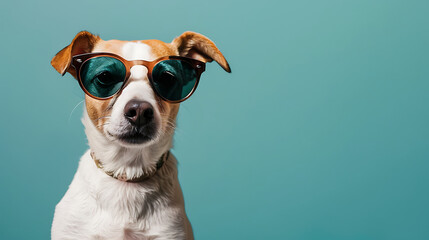 Funky Fashionista: A Stylish Canine Strutting in Funky Attire and Shades, Commanding Attention Like a Supermodel on a Wide Banner with Ample Copy Space