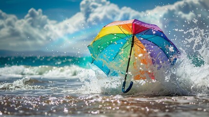 colorful umbrella in wavy beach