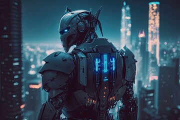 Robot is helpful, cyberpunk, kind of expanding brand, with background of technology and future city.