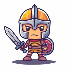 A cartoon character is holding a sword and shield