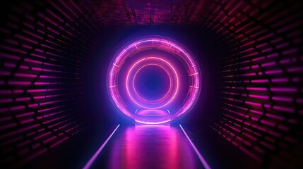Abstract geometric background with glowing neon round shape. Violet laser ring inside the dark tunnel