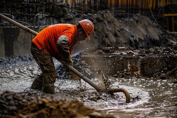 man working on a construction site pouring hot water.