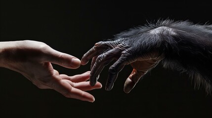 the hand of the person touching chimpanzee hand, interspecies communication, primate interaction
