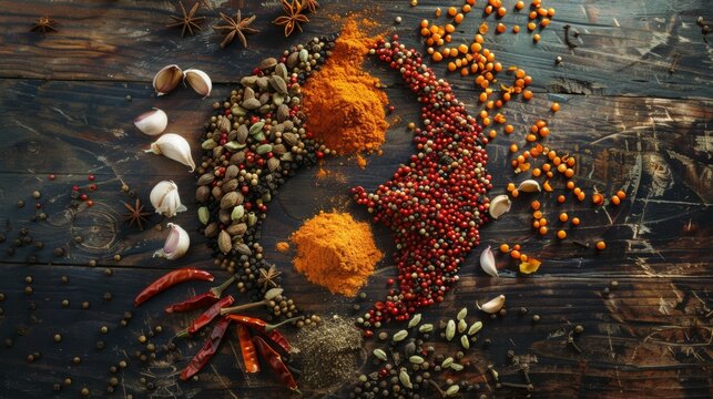 Conceptual image of spinning spices forming a yin-yang symbol, symbolizing balance