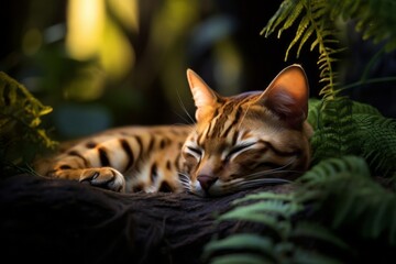 Close-up portrait photography of a funny bengal cat sleeping onn enchanting forest