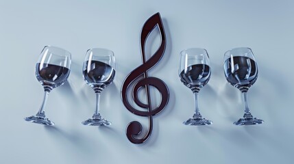 Conceptual representation of spinning wine glasses forming a musical note, symbolizing harmony