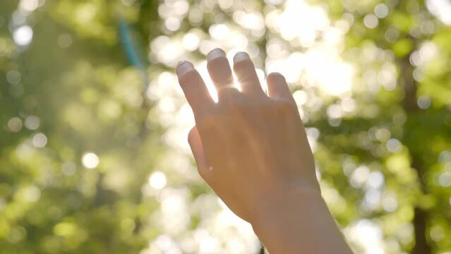 Close up shot of sun light in the middle of woman's finger with green tree bokeh background