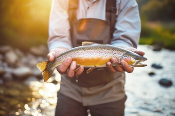 Obraz premium A man carefully holds a fresh catch, a glistening fish, in his hands while standing by the waters edge