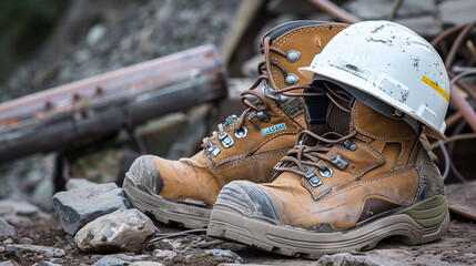 Steel-Toe Work Boots and Safety Helmet