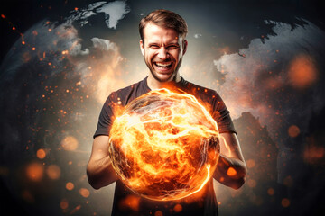 A man holds a ball of fire in his hands, symbolizing power and control while hacking a computer network amidst a background of flames