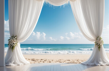 white curtain with beach background, wedding design concept