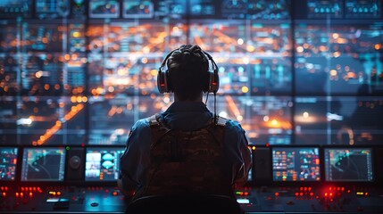 A minimalist design focusing on the essential elements of air traffic control, with a controller analyzing a simplified, high-contrast display of flight paths.