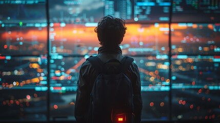 A minimalist design focusing on the essential elements of air traffic control, with a controller analyzing a simplified, high-contrast display of flight paths.