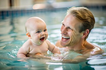 Infant swimming. A baby swims in the pool with a trainer. A happy and smiling baby. The trainer's hands are holding the baby. Early development classes for infants.