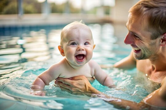 Infant swimming. A baby swims in the pool with a trainer. A happy and smiling baby. The trainer's hands are holding the baby. Early development classes for infants.