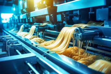 Fresh pasta noodles glide down a conveyor belt in a bustling factory, undergoing shaping and cutting before packaging