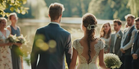 This beautiful image captures a newlywed couple from behind, facing their guests during an outdoor wedding ceremony by a tranquil lake