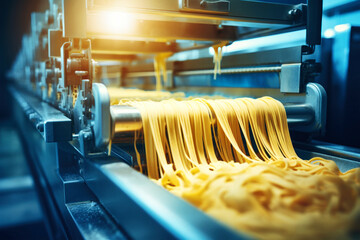 A sophisticated machine expertly shapes and cuts pasta in a bustling factory, creating a delicious culinary masterpiece