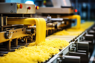 Freshly made pasta moving along a conveyor belt in a bustling factory, undergoing processing and packaging