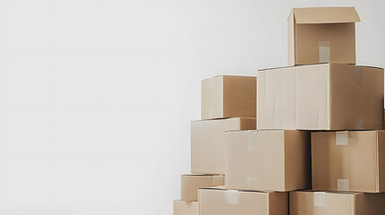 Neatly arranged stack of brown cardboard boxes of different sizes on a clean white background, illustrating the concepts of moving, storage and delivery