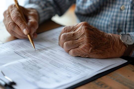 older man is seen writing on a piece of paper, reviewing a pension transfer form