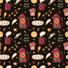 Seamless pattern with a red teapot with a flower, cup, cupcake, lemon and twigs on a dark brown background. Print on fabric and paper. Watercolor illustration. Food. Sweet. Coffee. Candies. 