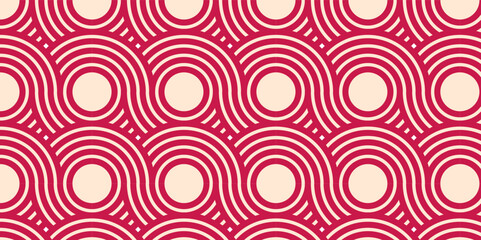 Seamless overlapping pattern with waves pattern with waves and pink geometric retro background. Japanese style circles seamless pattern. Endless repeated texture.