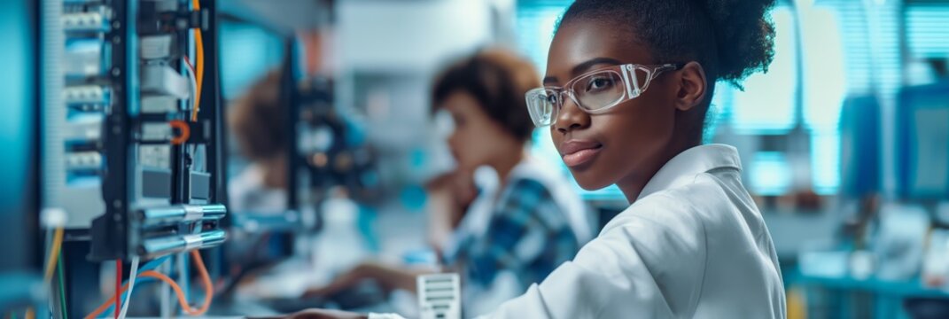 A focused female engineer works on intricate electronics in an advanced technical laboratory environment