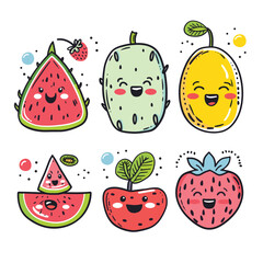Cute cartoon fruits smiling, colorful fruit characters isolated white background. Animated fruit faces, happy expressions, watermelon, strawberry, lemon, kiwi, apple. Handdrawn style fruits