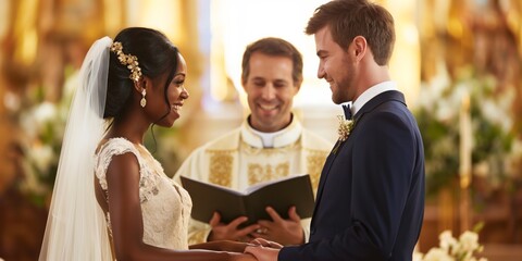 An elegant bride and groom exchange vows in a traditional church wedding ceremony with a clergyman - obrazy, fototapety, plakaty