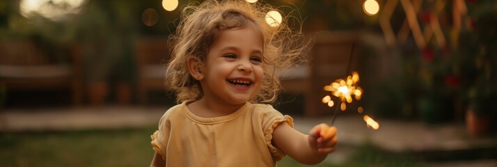 A delighted little girl joyfully plays with a sparkling firework in a warm outdoor setting at dusk