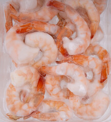 A set of featuring frozen shrimp in a transparent plastic rectangular container, close-up