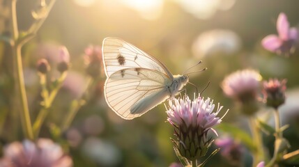 Naklejka premium A beautiful white butterfly perched on a thistle flower in a field of wildflowers.
