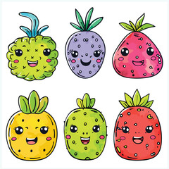 Six cute cartoon fruits smiling faces, colorful kawaii fruit characters. Cheerful strawberry, pineapple, lemon, berries, happy facial expressions. Creative kidfriendly vector illustration, vibrant