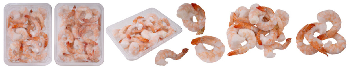 A set of featuring frozen shrimp  isolated png transparent. Peeled shrimps in a transparent plastic rectangular container