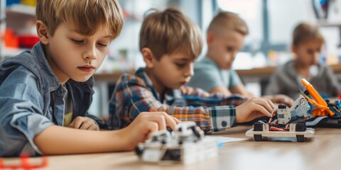 Group of young students engrossed in building and programming robotic devices as a STEM educational activity