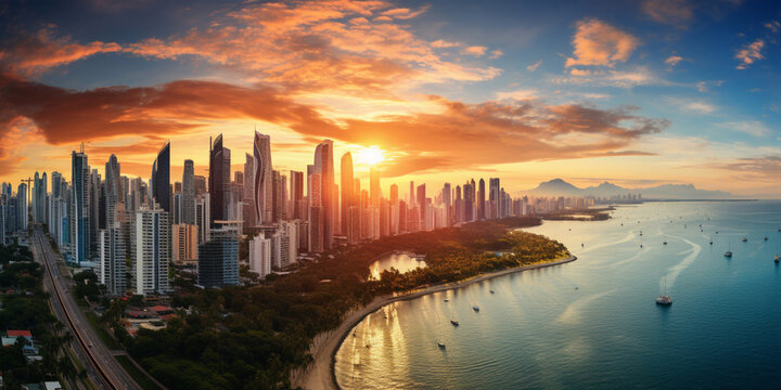 Colombia , Cartagena de Indias, aerial view of t the new modern district Bocagrande with skyscrapers and luxury home on sunset - Unesco Heritage world in Caribbean Sea ocean - tourist destination	