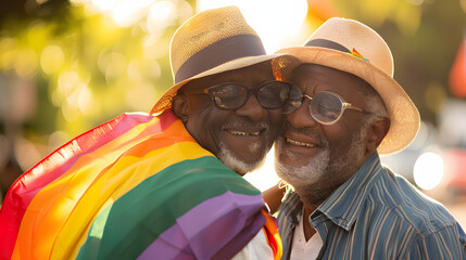 Happy african american senior gay male couple embracing at pride month wearing glasses hats  - Powered by Adobe