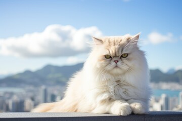 Medium shot portrait photography of a happy persian cat grooming in stunning skyline