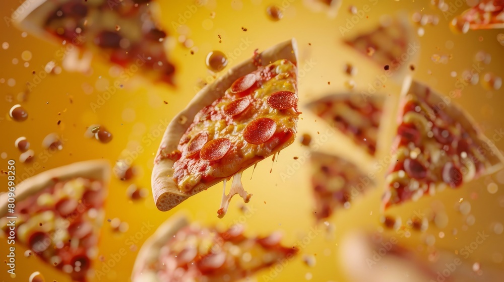 Poster dynamic poster showcasing floating pizza slices in a kinetic layout