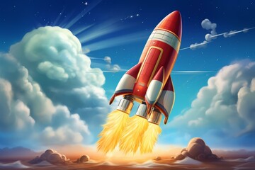 Colourful digital artwork of a rocket launching into a starry sky with dynamic clouds