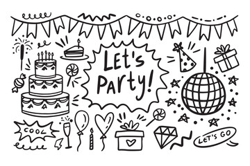 Doodle party elements Hand drawn set. Sketch icons for invitation, flyer, poster