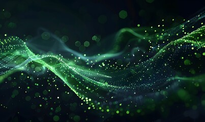abstract digital wave with green particles on dark background , Generative AI