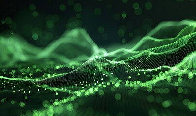 abstract digital wave with green particles on dark background , Generative AI