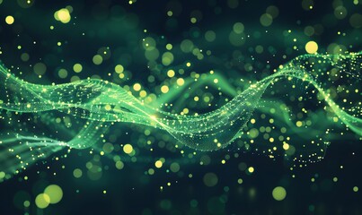 abstract digital wave with green particles on dark background , Generative AI