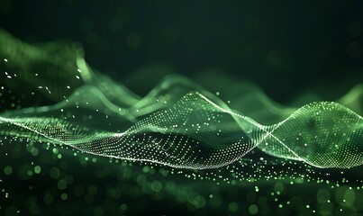 abstract digital wave with green particles on dark background , Generative AI