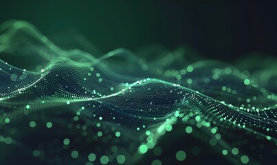 abstract digital wave with green particles on dark background , Generative AI