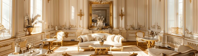 An opulent drawing room with white walls and gold accents
