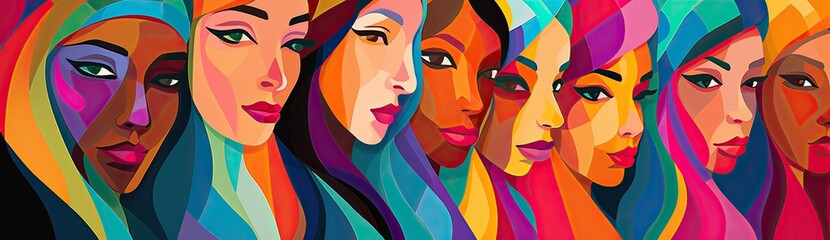 Unity in Diversity: Artistic Representation of Women with Different Colored Faces Coming Together